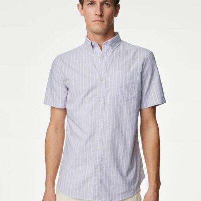 M&S Collection Pure Cotton Striped Oxford Shirt Lilac Mix | Mens Shirts