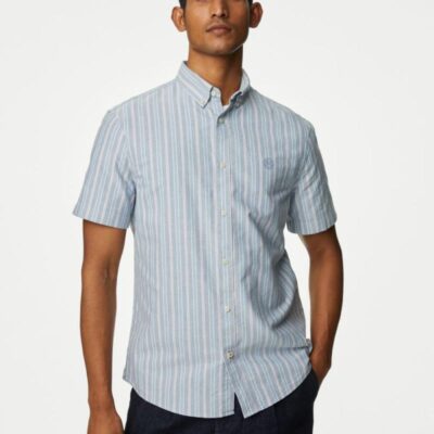 M&S Collection Easy Iron Pure Cotton Striped Oxford Shirt Navy Mix | Mens Shirts