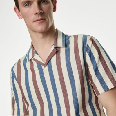 M&S Collection Easy Iron Pure Cotton Seersucker Striped Shirt Blue Mix | Mens Shirts