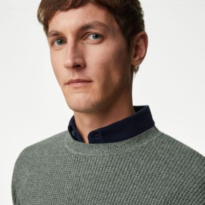 M&S Collection Cotton Blend Textured Crew Neck Jumper Khaki Mix | Mens Jumpers & Knitwear