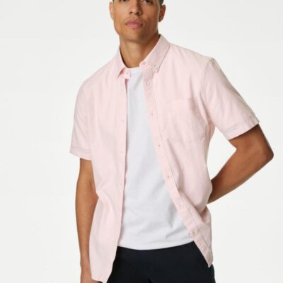 M&S Collection Easy Iron Pure Cotton Oxford Shirt Light Pink | Mens Shirts