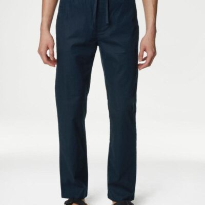 M&S Collection Tapered Fit Linen Blend Trousers Navy | Mens Trousers