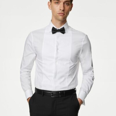 M&S Collection Tailored Fit Double Cuff Dress Shirt with Bow Tie White | Mens Formal Shirts