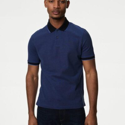 M&S Collection Pure Cotton Tipped Pique Shirt Blue | Mens Tops & T-shirts