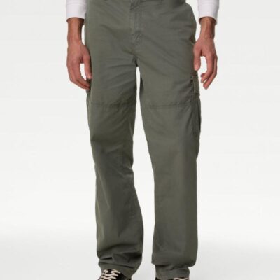 M&S Collection Loose Fit Lightweight Cargo Trousers Washed Green | Mens Trousers