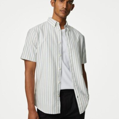 M&S Collection Easy Iron Pure Cotton Striped Oxford Shirt Ecru Mix | Mens Shirts