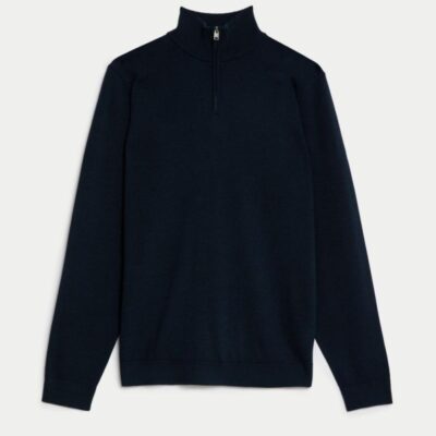 JAEGER Merino Wool Rich Half Zip Jumper with Silk Navy | Mens Jumpers & Knitwear