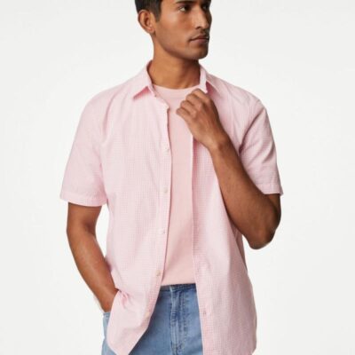 M&S Collection Easy Iron Pure Cotton Geometric Print Shirt Pink Mix | Mens Shirts