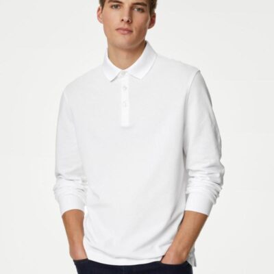 M&S Collection Pure Cotton Long Sleeve Polo Shirt White | Mens Polo Shirts