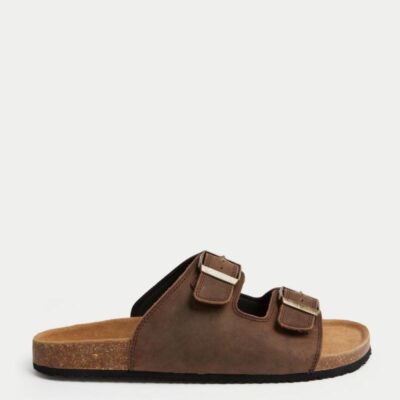 M&S Collection Leather Slip-On Sandals Chocolate | Mens Casual Shoes