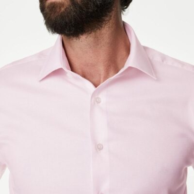 M&S SARTORIAL Slim Fit Easy Iron Luxury Cotton Textured Shirt Pink Mix | Mens Formal Shirts