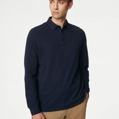 M&S Collection Pure Cotton Long Sleeve Polo Shirt Dark Navy | Mens Polo Shirts