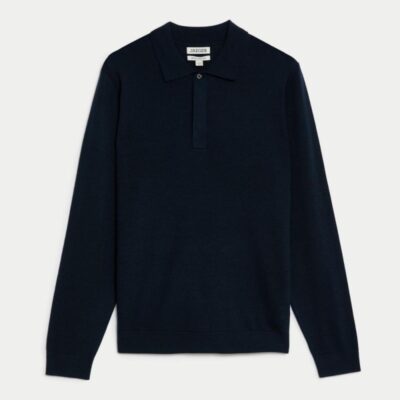 JAEGER Merino Wool Silk Blend Knitted Polo Shirt Navy | Mens Tops & T-shirts