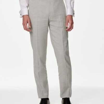 M&S Collection Tailored Fit Italian Linen Miracle™ Puppytooth Suit Trousers Grey | Mens Suits