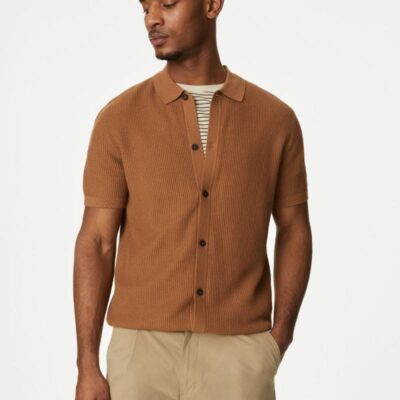 M&S Collection Textured Knitted Polo Shirt with Linen Toffee | Mens Tops & T-shirts