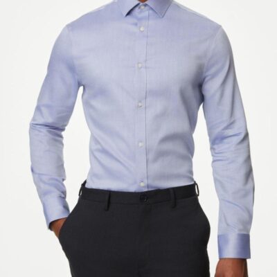 M&S Collection Slim Fit Non Iron Pure Cotton Textured Shirt Blue | Mens Formal Shirts