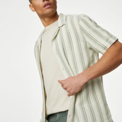 M&S Collection Pure Cotton Striped Textured Shirt Green Mix | Mens Shirts