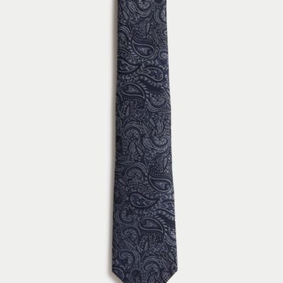 M&S Collection Pure Silk Paisley Tie Navy | Mens Ties