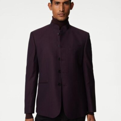 M&S Collection Textured Jacquard Nehru Jacket Burgundy | Mens Blazers