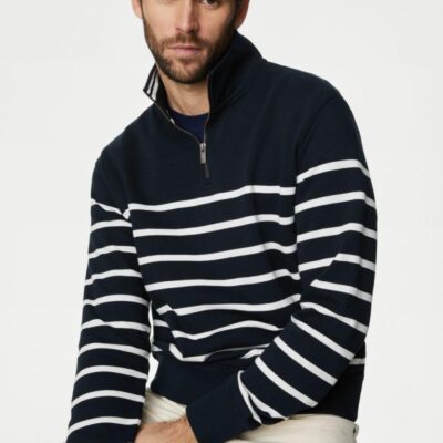 M&S Collection Pure Cotton Striped Sweatshirt Dark Navy Mix | Mens Hoodies & Sweatshirts