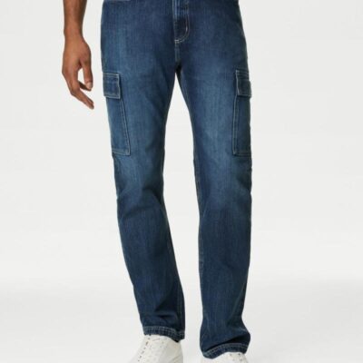 M&S Collection Straight Fit Denim Cargo Jeans Medium Blue | Mens Trousers