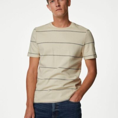 M&S Collection Pure Cotton Double Knit Striped T-Shirt Ecru Mix | Mens Tops & T-shirts