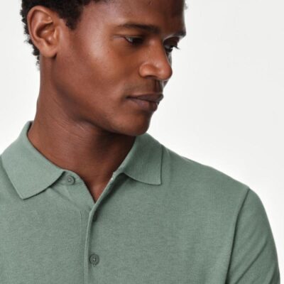 Autograph Silk Cotton Knitted Polo Shirt Soft Green | Mens Tops & T-shirts