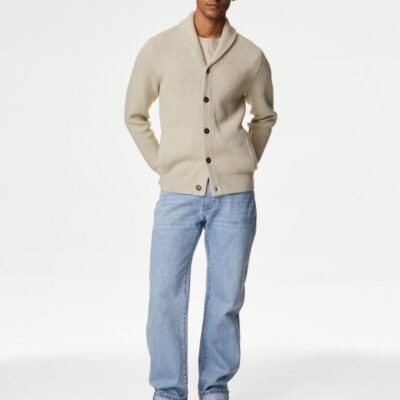 M&S Collection Cotton Blend Textured Shawl Collar Cardigan Neutral | Mens Jumpers & Knitwear