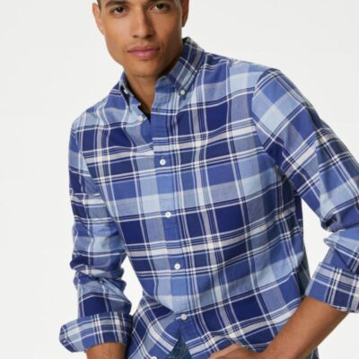 M&S Collection Easy Iron Pure Cotton Check Oxford Shirt Blue Mix | Mens Shirts