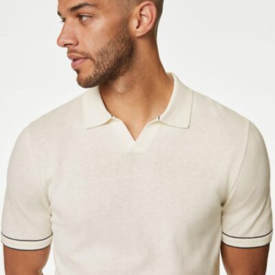 Autograph Silk Cotton Knitted Polo Shirt Ivory | Mens Tops & T-shirts