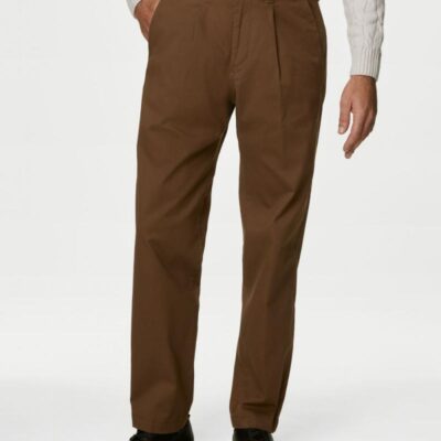 M&S Collection Regular Fit Pleated Heritage Chinos Dark Bronze | Mens Trousers