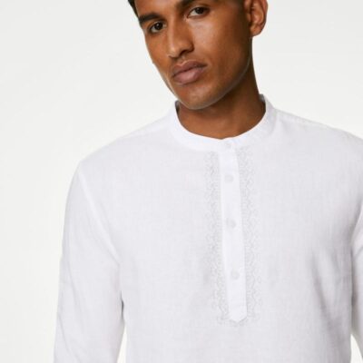 M&S Collection Easy Iron Linen Rich Embroidered Kurta White | Mens Shirts