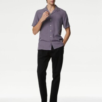 Autograph Soft Touch Pure Tencel™ Cuban Collar Shirt Dark Grape | Mens Shirts