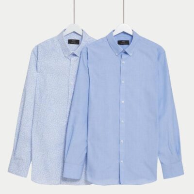 M&S Collection 2pk Regular Fit Easy Iron Floral Long Sleeve Shirts Blue Mix | Mens Formal Shirts