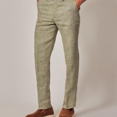 Hawes & Curtis Pure Linen Textured Suit Trousers Green | Mens Trousers