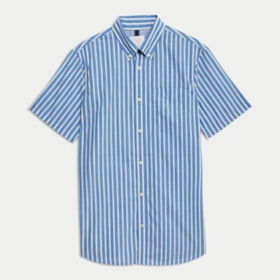 M&S Collection Easy Iron Striped Oxford Shirt Mid Blue | Mens Shirts