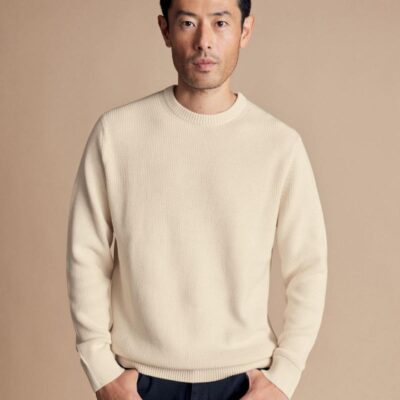 Charles Tyrwhitt Pure Cotton Ribbed Crew Neck Jumper Cream | Mens Jumpers & Knitwear