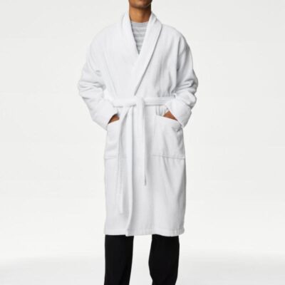 M&S Collection Pure Cotton Towelling Dressing Gown White | Mens Loungewear