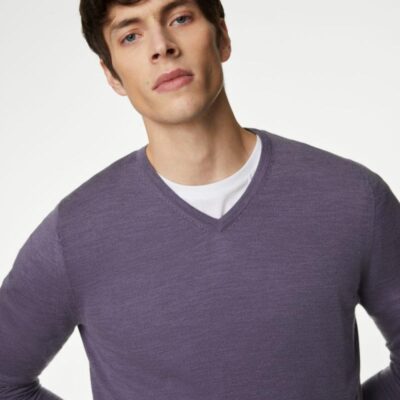 Autograph Pure Extra Fine Merino Wool V-Neck Jumper Dark Grape | Mens Jumpers & Knitwear