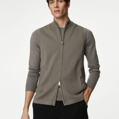 Autograph Cotton Rich Zip-up Gilet Taupe | Mens Jumpers & Knitwear