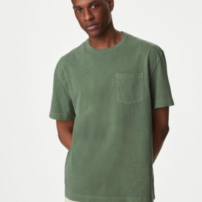 M&S Collection Pure Cotton Crew Neck T-Shirt Moss Green | Mens Tops & T-shirts