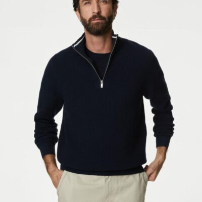 M&S Collection Cotton Blend Textured Half Zip Jumper Navy | Mens Jumpers & Knitwear