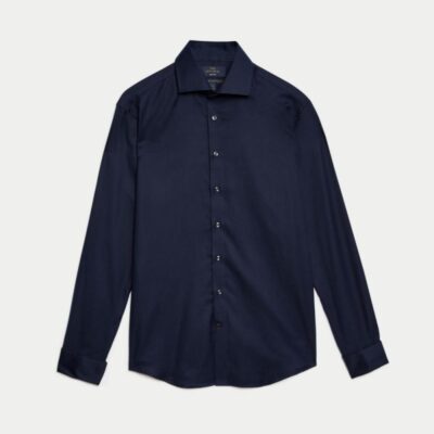 M&S SARTORIAL Slim Fit Luxury Cotton Double Cuff Twill Shirt Navy | Mens Formal Shirts