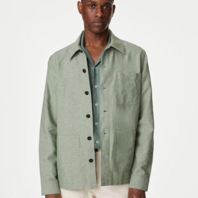 M&S Collection Easy Iron Linen Blend Overshirt Antique Green | Mens Shirts