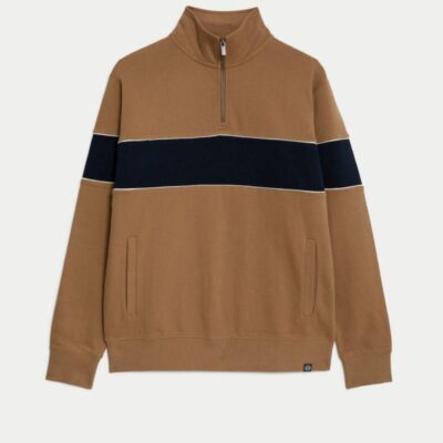 M&S Collection Pure Cotton Colour Block Half Zip Sweatshirt Light Brown | Mens Hoodies & Sweatshirts