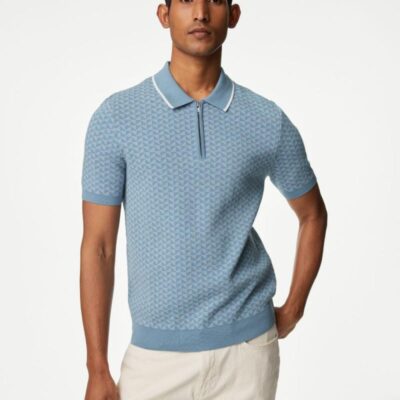 M&S Collection Cotton Rich Zip Up Knitted Polo Shirt Blue Mix | Mens Tops & T-shirts