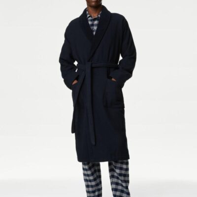 M&S Collection Pure Cotton Waffle Dressing Gown Dark Navy | Mens Loungewear