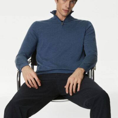 Autograph Pure Extra Fine Merino Wool Half Zip Jumper Medium Blue | Mens The Smart Edit