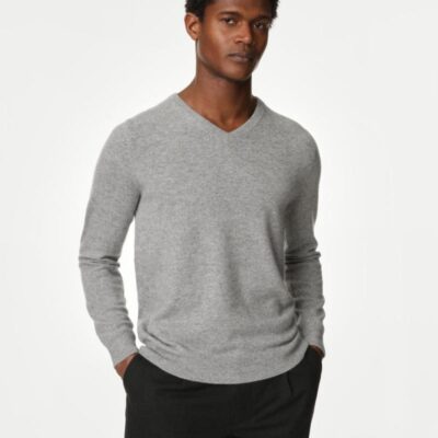 Autograph Pure Cashmere V-Neck Jumper Light Grey | Mens Jumpers & Knitwear