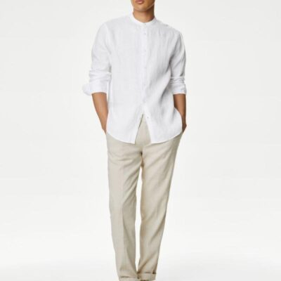 M&S Collection Pure Linen Grandad Collar Shirt White | Mens Shirts